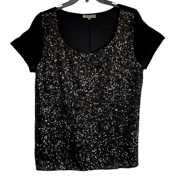 Jeans by Buffalo Sequined Princess Short Sleeve Scoop Neck Black Top, Size Large - Picture 1 of 7